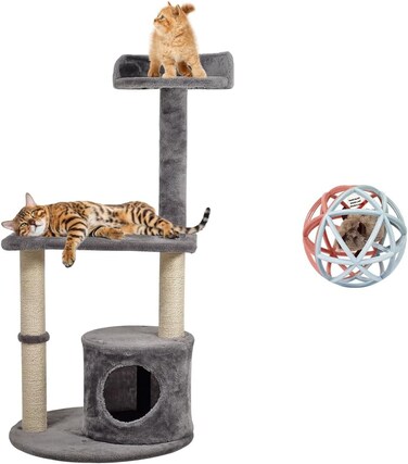 Cat tree, Carpet Cat tower with Condo, Top Perch, and Scratching Post, Cat Activity, Cat Climbing Tower, Cat Furniture with Squeaky Cat Toy, Mice with Balls, Plush Toy, Indoor Cat Tree 102 cm (Grey)