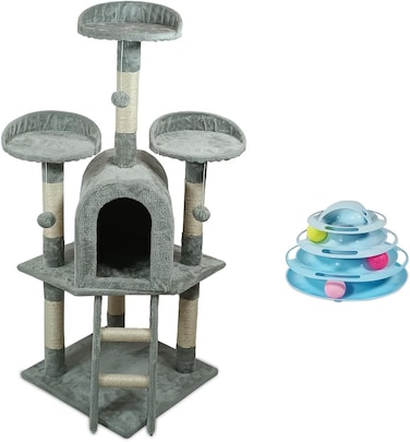 Indoor Cat tree tower with Multiple Perches, Hanging Balls, and Sisal scratching post, Multi-level cat tree with Cat Condo, and Climbing stairs, Cat furniture with Cat Toys Ball Tower 125 cm (Grey)