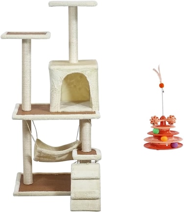 Multi-level cat tower with Hideaway Condo, Top perches, Hammock, and Cat toy, Indoor cat tree with Scratching posts, Climbing stairs, Cat play tower, Tower track toy with colorful balls 124cm (Beige)