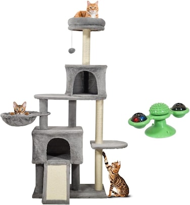 Cat tree tower for Indoor cats, Multi-layer design with Top perches, Cozy hammock, Double condos, and Scratching board, 147 cm Cat play tower, Windmill cat toy with LED ball and Catnip ball (Grey)