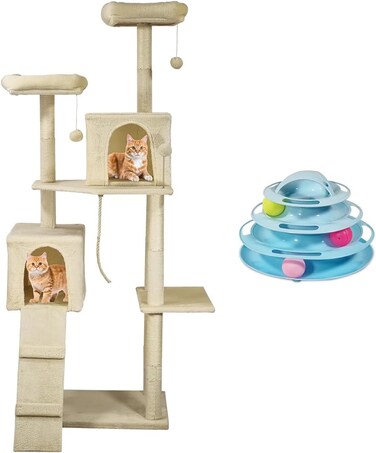 Cat tower, Indoor cat tree with Soft plush covered, Condos, Top perches, and Climb stair, Multi-level cat tree tower with Cat tower track toy, 4 levels cat toy with colorful balls, 180 cm (Beige)