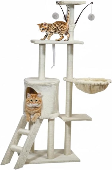 Multi-level cat tree tower for Indoor cats &amp; Kittens, Sturdy activity center with Hanging toys, Sisal scratching post, Cozy Hammock, Plush Condo and Ladder, Easy assembly, 136 cm (Beige)