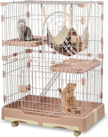 Large Cat Cage Indoor with Cozy Hammock - 2-Tier Metal Wire Cat Crate with 2 Lockable Doors - Climbing ladder, Removable Tray &amp; Universal Wheels - Easy Assembly, 102 cm (Pink, Medium)