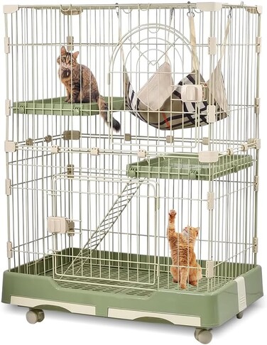 2-Tier Cat Cage Indoor - Metal Wire Cat Crate Playpen Kennel with 2 Lockable Doors, Climbing ladder, Removable Tray &amp;b Universal Wheels - Easy Assembly, 102 cm(Green, Medium)