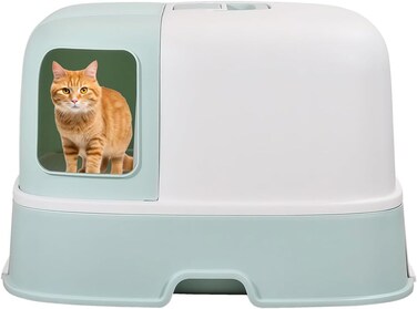 Fully enclosed cat litter box with Corridor type, Drawer design, Portable handle, Deodorant filter, and Litter scoop, Durable plastic litter box for cats, Easy to clean 58 cm (Cyan)