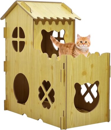 Wooden cat house with Catnip, Double-decker design, Balcony, and Interlocking panel design, Modern cat house activity center for indoor cats, Easy to install 80 cm (Beige)