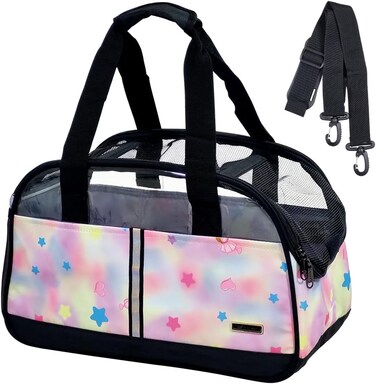 Pet carrier bag with Open top cover, Breathable mesh, Dog carrier bag with Carry handle, Adjustable shoulder strap, Storage pockets, and Safety inside leash, Travel bag for small pets, 42cm (Pink)