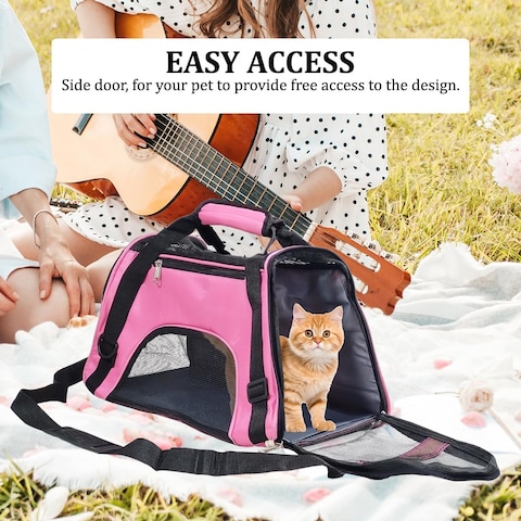 Pet carrier bag with Breathable mesh, Portable, Easy handle and Adjustable shoulder strap, Pet travel bag for cats &amp; small dogs, Comfortable mat and Storage pocket, Ideal for Outdoor, 42 cm (Pink )
