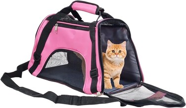 Pet carrier bag with Breathable mesh, Portable, Easy handle and Adjustable shoulder strap, Pet travel bag for cats &amp; small dogs, Comfortable mat and Storage pocket, Ideal for Outdoor, 42 cm (Pink )
