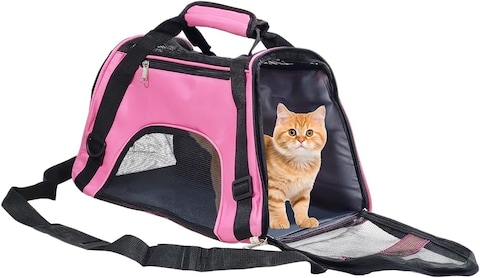 Pet carrier bag with Breathable mesh, Portable, Easy handle and Adjustable shoulder strap, Pet travel bag for cats &amp; small dogs, Comfortable mat and Storage pocket, Ideal for Outdoor, 42 cm (Pink )