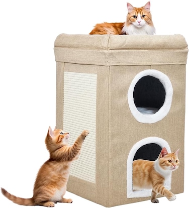 3-Tier cat bed with Sisal scratching board, Foldable design, Soft plush interior, and Non-slip bottom, Multi-level playhouse for indoor Cats &amp; kittens, Ideal for pet shelter 65 cm (Khaki)