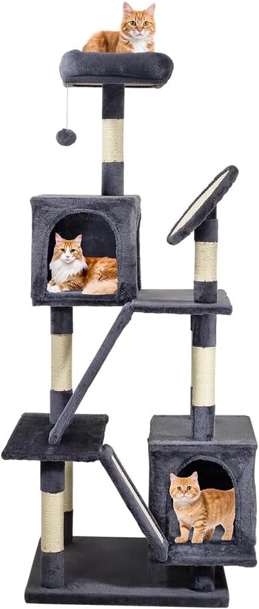 Cat tree tower for indoor cats and kittens, Multi-level cat condo with Plush perch, Scratching post, Dangling ball, Double condos, and Multiple scratching boards, 160 cm (Black)