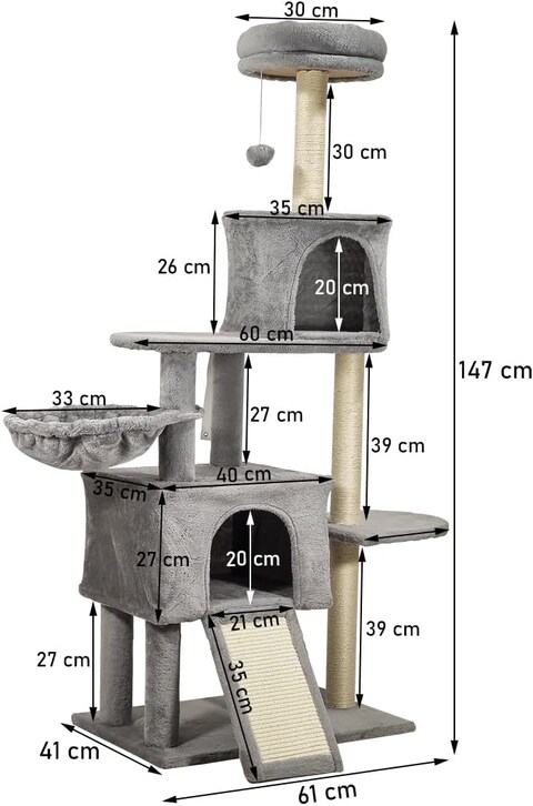 Cat tree tower for indoor cats, Multi-level cat tree tower with Soft plush perch, Cozy hammock, Hanging ball, Sisal scratching post, Double condos, and Scratching board 147 cm (Grey)