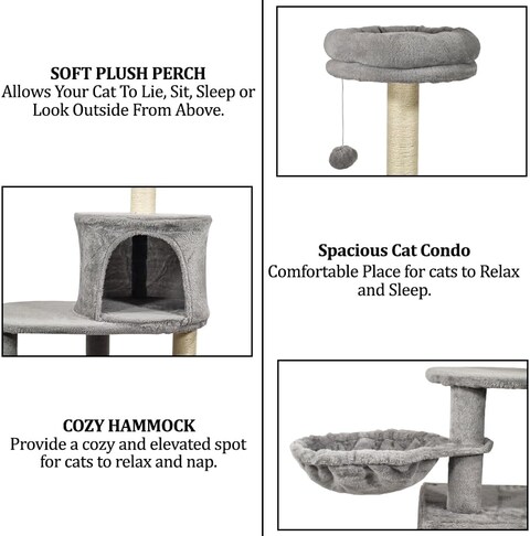 Cat tree tower for indoor cats, Multi-level cat tree tower with Soft plush perch, Cozy hammock, Hanging ball, Sisal scratching post, Double condos, and Scratching board 147 cm (Grey)