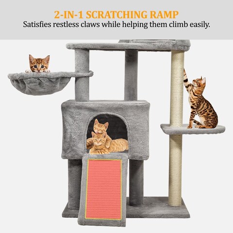 Cat tree tower for indoor cats, Multi-level cat tree tower with Soft plush perch, Cozy hammock, Hanging ball, Sisal scratching post, Double condos, and Scratching board 147 cm (Grey)