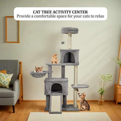 Cat tree tower for indoor cats, Multi-level cat tree tower with Soft plush perch, Cozy hammock, Hanging ball, Sisal scratching post, Double condos, and Scratching board 147 cm (Grey)