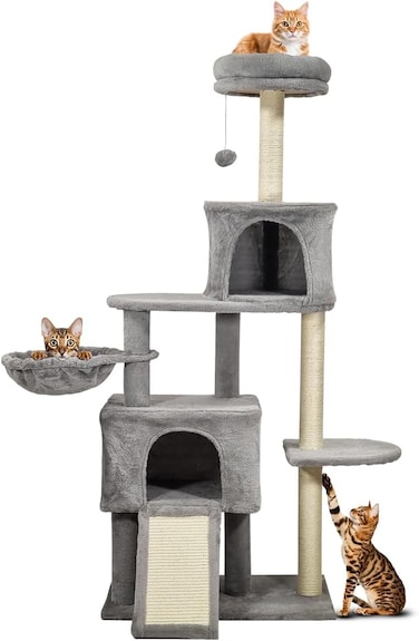 Cat tree tower for indoor cats, Multi-level cat tree tower with Soft plush perch, Cozy hammock, Hanging ball, Sisal scratching post, Double condos, and Scratching board 147 cm (Grey)