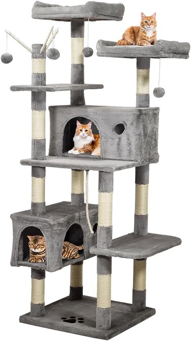 Cat tree tower with Plush perches, Dangling balls, Double condos, and Scratching post, Multi-level tall cat condo activity center, Suitable for indoor cats and kittens 160 cm (Grey)