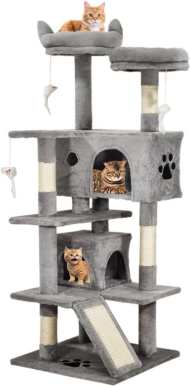 Cat tree tower for Indoor cats, Multi-level cat tree activity center with Plush perches, Interactive cat toys, Sisal scratching post, Double condos, and Scratching board 140 cm (Grey)