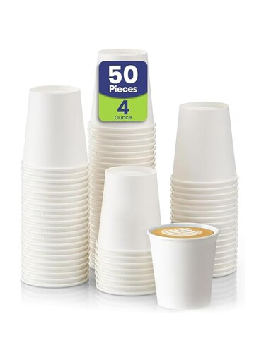 SNH Packing 50 Count 4 Oz White Coffee Paper Cups For Tea Water And Cocoa Disposable Cups for Hot &amp; Cold Drinks Single Wall Cups
