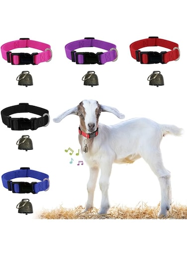 NEOGULY 5 Pack Goat Collar with Bell, Sheep Collar with Bell, Grazing Copper Bells and Adjustable Nylon Collar Set for Small Farm Animal Sheep Cow Pet Goat Accessories