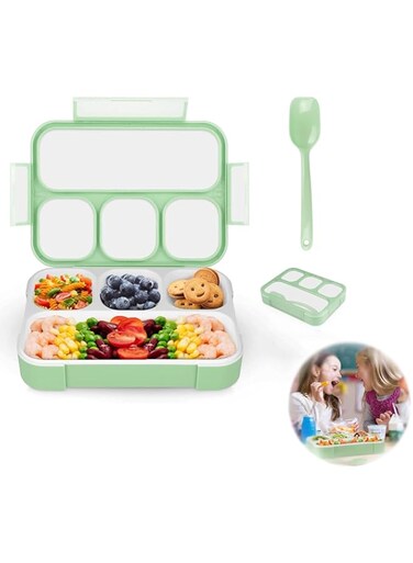 Azonee Bento Lunch Box for Kids, 4 Compartment Kids Lunch Box Leak Proof, Cute Bento Snack Box for Adults and Kids With Utensils, Lunch Containers BPA-Free, Microwave Bento Box (Green)