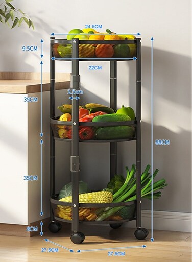 Storage Rack, fruit And Vegetable Snack Storage Trolley, 360&Acirc;&deg; Rotating Mobile, Large-Capacity Foldable, Assembly-Free, Household 3-Layer Storage Basket, Black