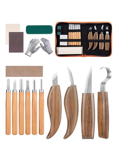 KASTWAVE 26-in-1 Wood Carving Kit with Detail Wood Carving Knife, Whittling Knife, Wood Chisel Knife, Gloves, Carving Knife Sharpener for Spoon, Bowl, Kuksa Cup (Carving Knife Kits)
