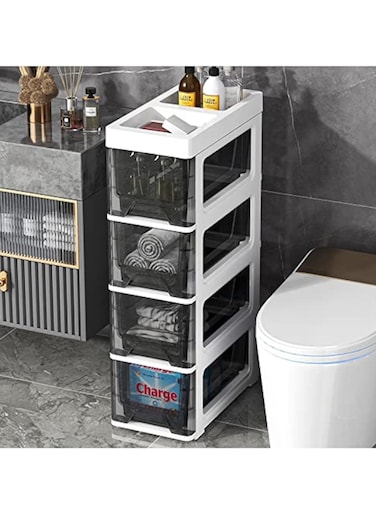 4 Tier Plastic Chest of Drawers, Black Transparent Kitchen and Bathroom Organisers, Toilet Racks and Storage Solutions