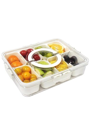 Snackle Box Container, Portable Snack Box 8 Compartment Divided Serving Tray with Lid &amp; Handle, Clear Snack Charcuterie Platter for Travel Candy Party Fruit Salad