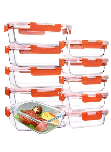 Glass Meal Prep Containers 10 Pieces Rectangle Glass Food Storage Containers with Lids Glass Lunch Box Portion Control Airtight Glass Bento Box Lunch Containers 10P Rectangle Red