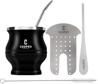 Cuopru Yerba Mate Cup and Bombilla Set - The Yerba Mate set includes a Modern Mate Cup，Yerba Mate Shaper set，Bombilla Mate (straws) and a cleaning brush (Black)
