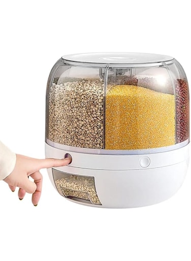 Rice Dispenser, 6-Grid 12lbs Rotating Rice Dispenser, Rice &amp; Grain Storage Container, One-Click Rice Output, Visible and Round Rice Storage Bucket for Grains, Snacks, Candy, Coffee Beans, Dog Food