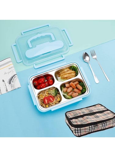 Lunch Box with Tableware,Insulated Lunch Box for Kids/Adults,4 Compartment Lunch Containers,Bento Lunch Box with Nylon Insulation Bag   Leakproof   BFA Free   304 Stainless Steel (Blue 4 Compartment)