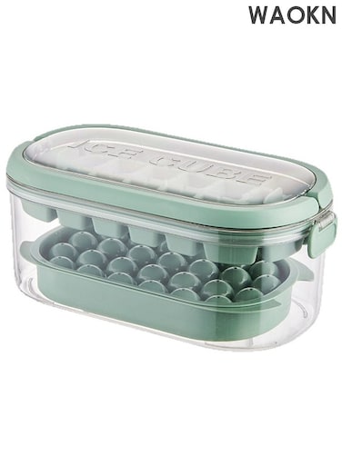Ice Cube Tray, Easy Release Reusable 28pieces Cube Molds with Cover and 26pieces Circle Ball Ice Trays Bpa Free Stackble Spill Resistant Removable Molds with Portable Storage Ice Bucket, Ice Scoop Green