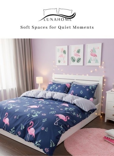 Home Single size, 4-piece Duvet cover - 160*210cm.1 Fitted sheet - 100*200+30cm. 2 Pillow cases - 50*75cm. Beautiful pink flamingo design in a lovely shade of blue.