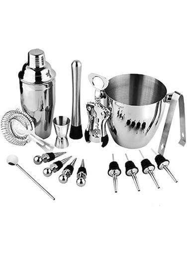 SKEIDO 16 Pcs Stainless Steel Barware Set Bartender Kit Includes Shaker Rack Spoon Pourer Straw Shaker Ice Tong Cocktail Shaker