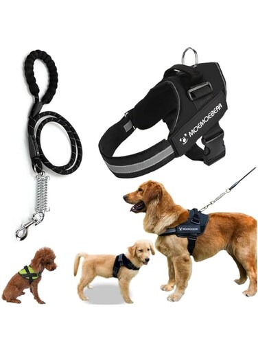 Adjustable Dog Harness with Reflective Strip and 1.5M Leash, No-Choke Design, for Small and Medium Dogs, Black (M)