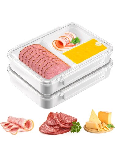 Lunch Meat and Cheese Container for Fridge, Two Compartments Deli Meat Storage with Clear Lids, Silicone Sealed Airtight Containers for Cold Cuts, Cheese, 950 ml, 2 Pcs