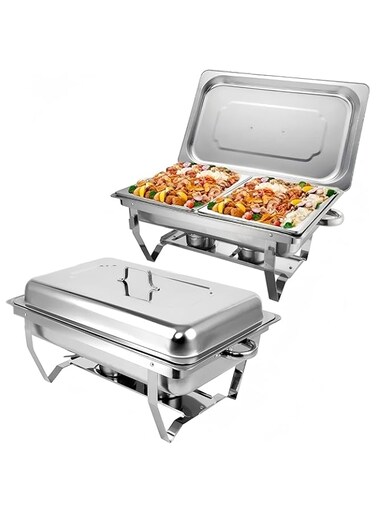 COOLBABY Double Compartment Stainless Steel Chafing Dish with Fuel Holders, Foldable Frame Buffet Server and Warmer, Catering Food Warmer Tray with Lid for Parties, Weddings, Banquets and Events