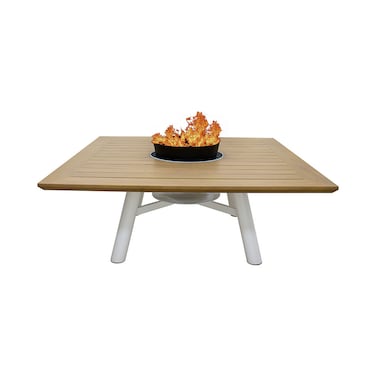 Light Square Wood-Burning Fire Pit Table for Patio &ndash; 135x135x52 cm, Multi-Functional Outdoor Dining Table with Fire Pit, Durable for Backyard or Deck, Natural Teak/Off White