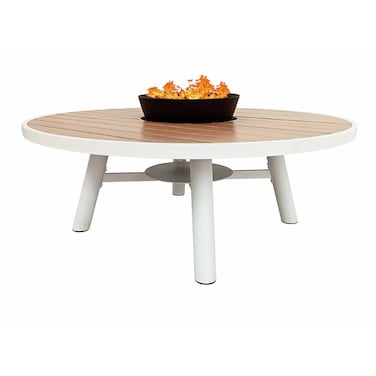 Light Round Wood-Burning Fire Pit Table for Patio &ndash; 138x138x52 cm with Aluminium Frame, Compact Outdoor Dining Table with Fire Pit Center, Sleek for Garden or Backyard, Natural Teak/White