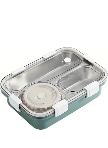 BrainGiggles 3-Compartment Thermal Lunchbox with Removable Inner Tray - Insulated, Leak Proof Bento Box for Kids-Green