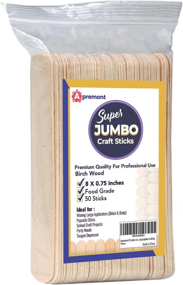 8'' Jumbo Craft Sticks, 50pcs Extra Large Natural Premium Wood, Ice Cream Sticks, Jumbo Sticks, Large Tongue Depressors, Plant Labels, Hair Removal and Waxing Supplies, Crafting