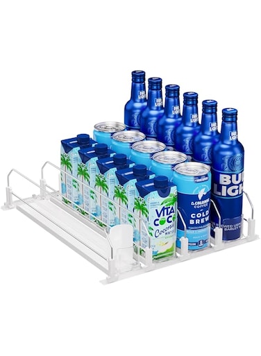 Puricon Drink Organizer for Fridge Pusher Glide, Spring Loaded Fridge Drink Dispenser, Self Pushing Soda Can Organizer for Refrigerator, Beer Bottle Beverage Organizer Drink Holder -4 Rows, White