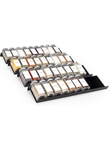 MIUKAA Black Spice Drawer Organizer, 4 Tier- 8 Pack Acrylic Drawer Seasoning Organizer, Expandable From 9'' to 18''Kitchen Spice Rack Tray for Drawer/Countertop (Jars not included)