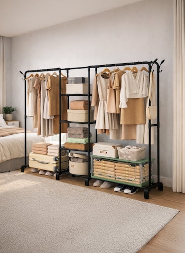Four-Rail Double Row Clothing Rack with Center Shelves &acirc;&euro;&ldquo; Heavy Duty 4-Tier Quadruple Hanging Garment Organizer with Bottom Storage Shelf, Space-Saving Clothes Hanging Stand for Bedroom, Laundry Room &amp; Balcony, 80kg Load Large Capacity Featuring Four Horizontal Bars for Hanging Clothes, Laundry Room, Balcony, Bedroom Sheets, Quilts, Blanket, Coats, Skirts, Shirts, Hats, Sweaters Holder 200cm, Black
