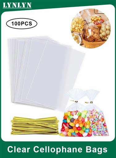100 Pack Clear Cellophane Gift Bags with Twist Ties for Treats, Candies, Cookies, Popcorn, and Party&iuml;&frac14;&circ;15x25 cm&iuml;&frac14;&permil;