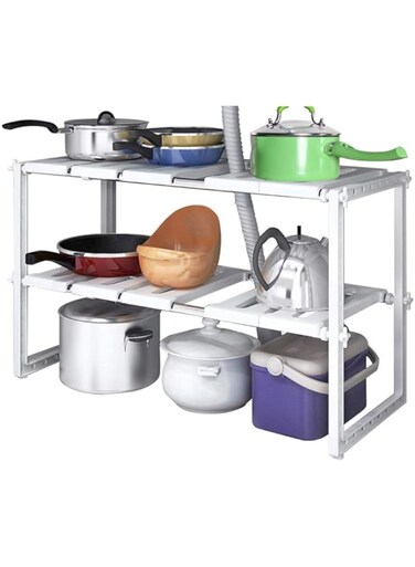 Home-Neat 2 Tiers Expandable Kitchen Storage Multi-Functional Rack Adjustable Stainless Steel Under Sink Organizer Storage Shelf Cabinet