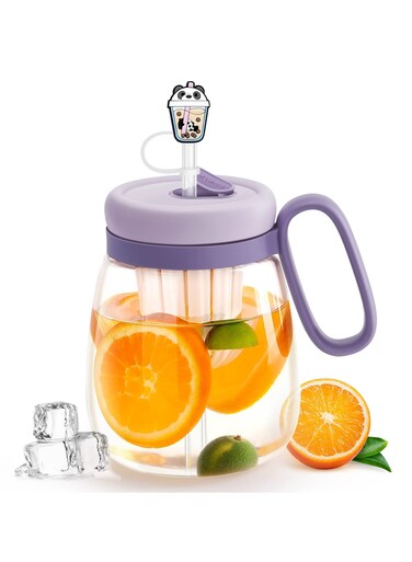 Reusable Tumbler with Lid &amp; Straw, Wide Mouth Glass Coffee Cup, Smoothie Bottle with Handle, Tea Infuser &amp; Cartoon Straw Cover (Purple)
